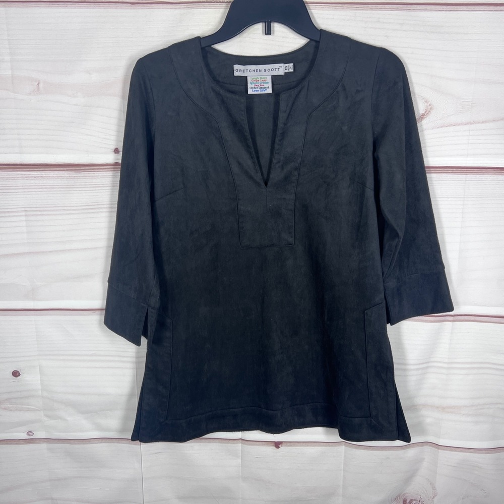 Gretchen Scott Top Womens XS Black Faux Suede V-Neck 3/4 Sleeve Pullover Preppy